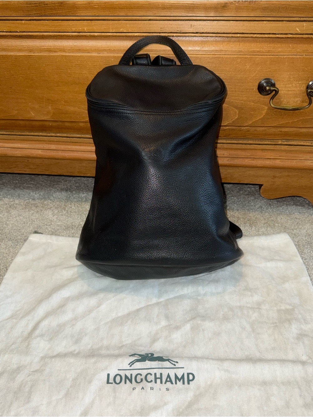 Longchamp Vintage Black Pebbled Leather Backpack with Dust Bag